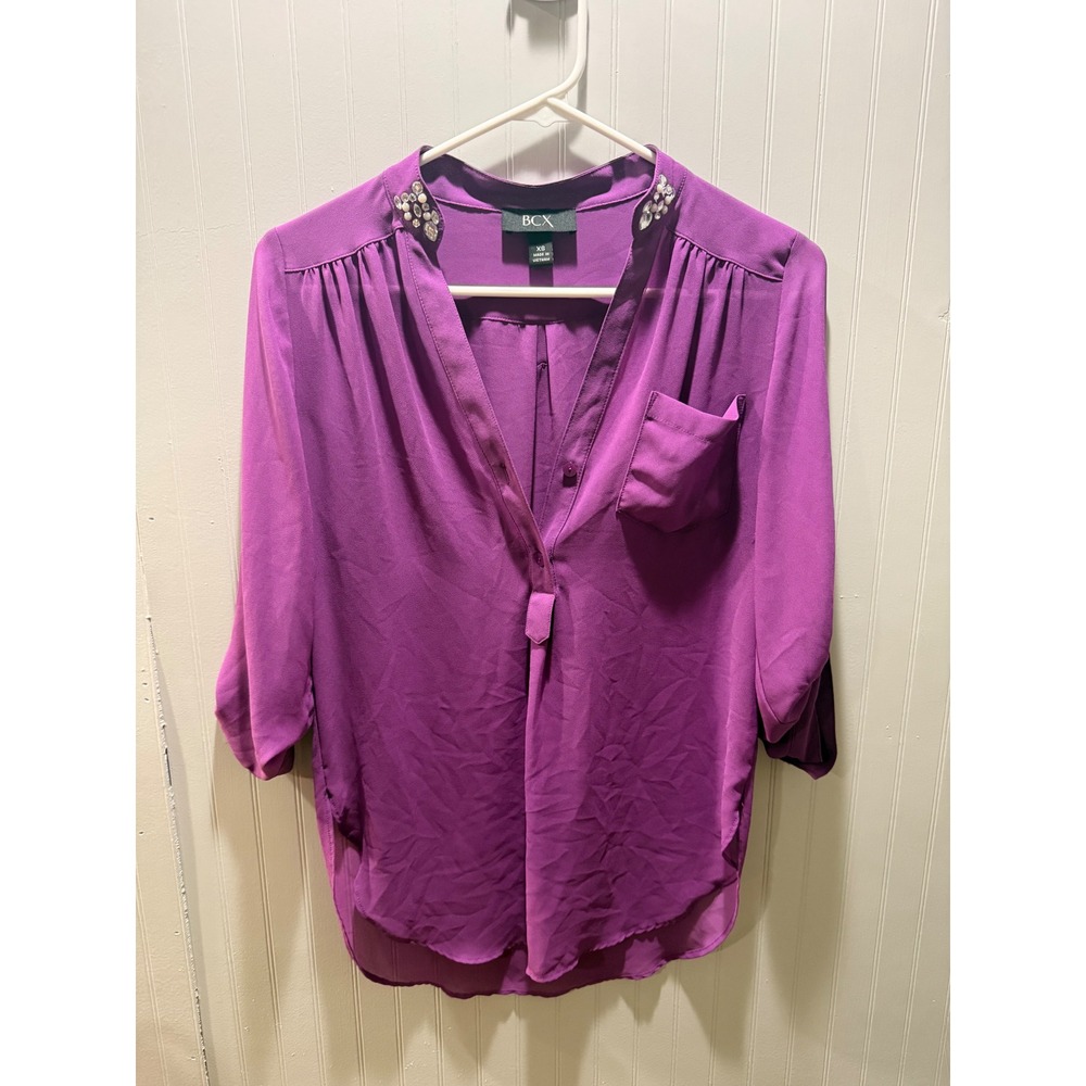 BCX Womens Purple Embellished Collar V-Neck Blouse 3/4 Roll Tab Sleeve XS
